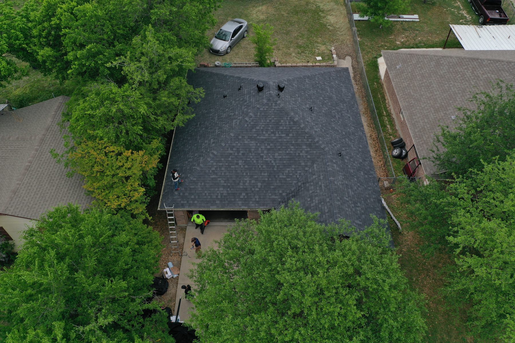 Completed roof replacement seen from above