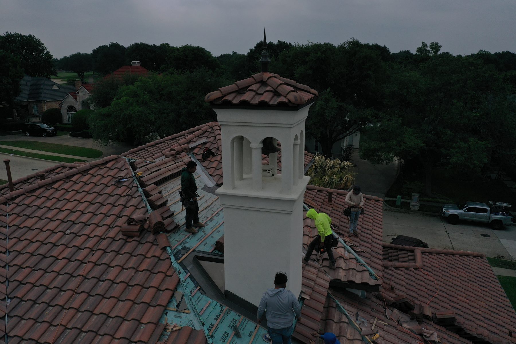Aerial view of a completed Acorn Roofing roof replacement in Dallas